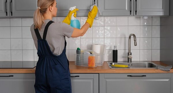 melhores empresas de limpeza doméstica - Uma funcionária de uma empresa de limpeza limpa uma cozinha.